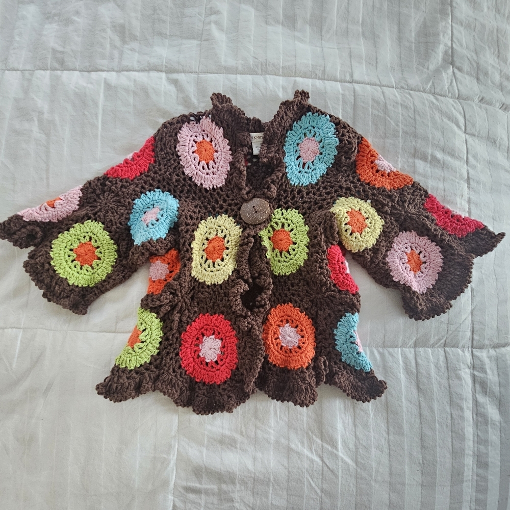 2H Knits Crochet Granny Square Bell Sleeve Cotton Cardigan Sweater, Size 2